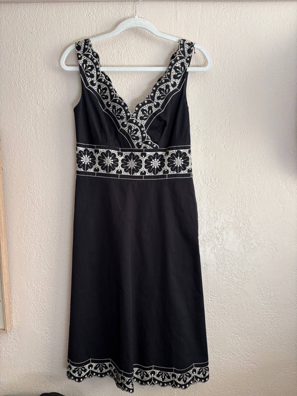Ann Taylor Black Midi Dress with White Embroidered Trim